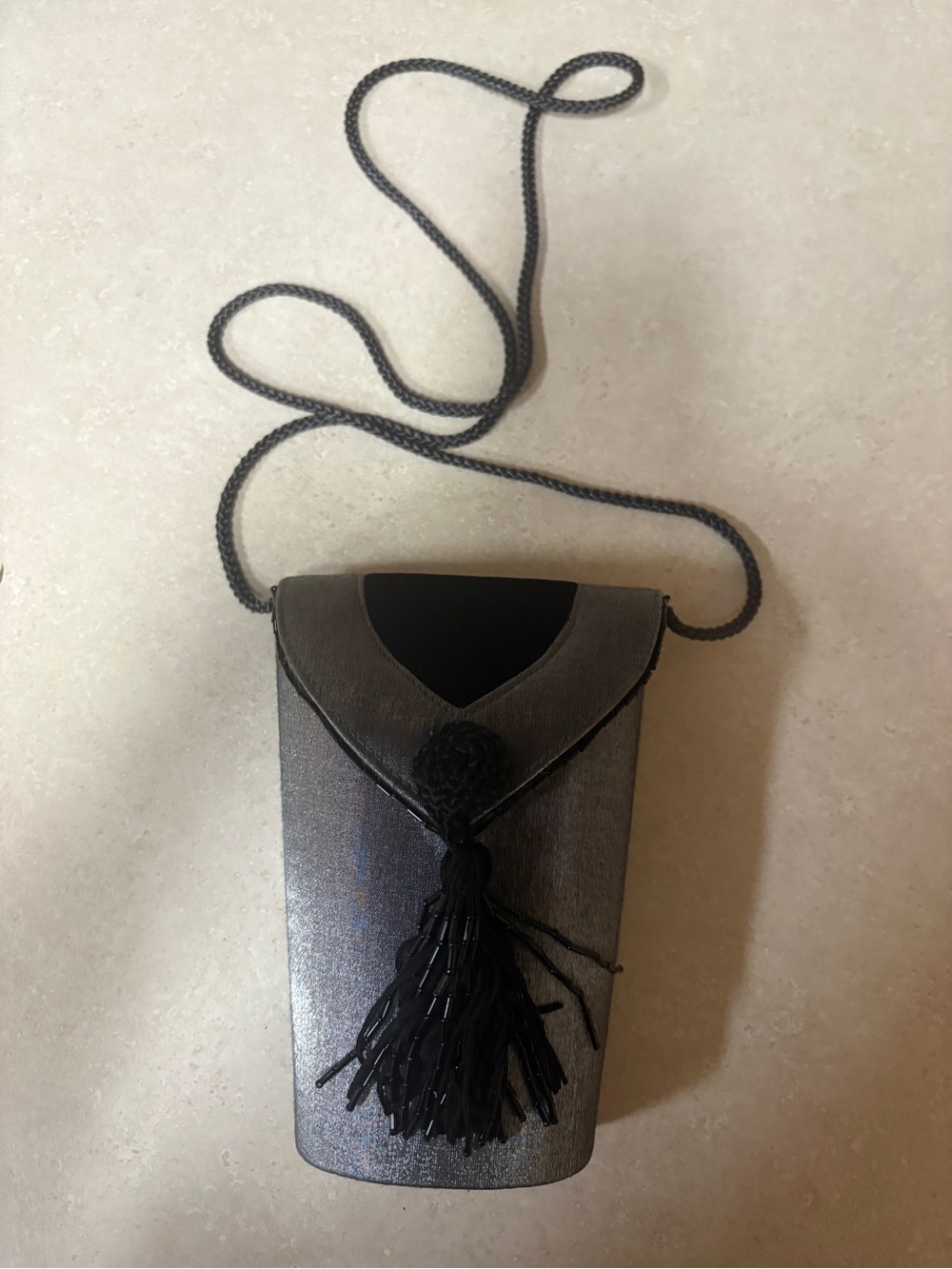 Metallic Gray Evening Crossbody with Black Tassel